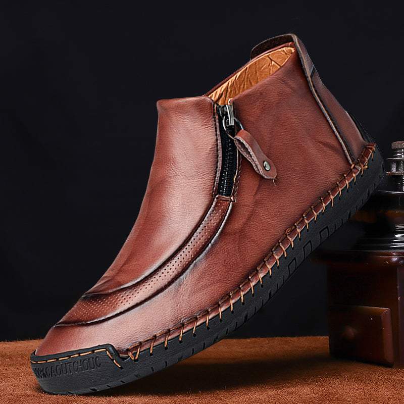 Men Leather Hand Stitching Side Zipper Comfy Soft Ankle Boots