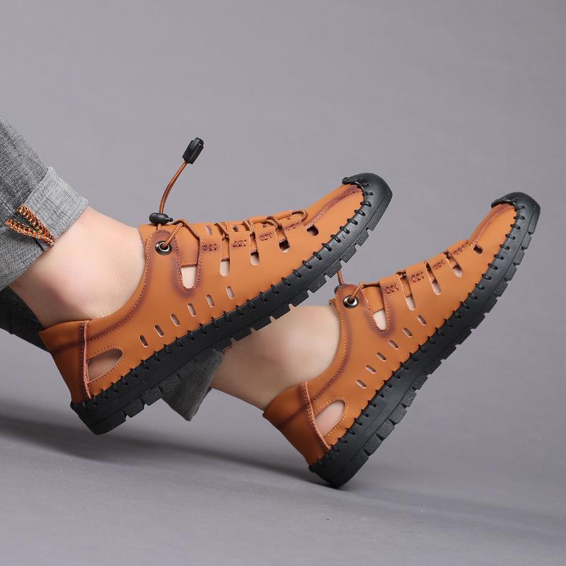 Handmade top layer cowhide perforated breathable sandals