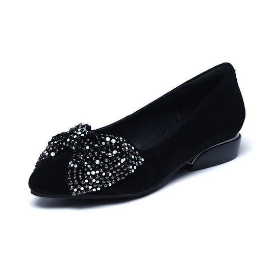 Bow rhinestone soft-soled low-heel work shoes