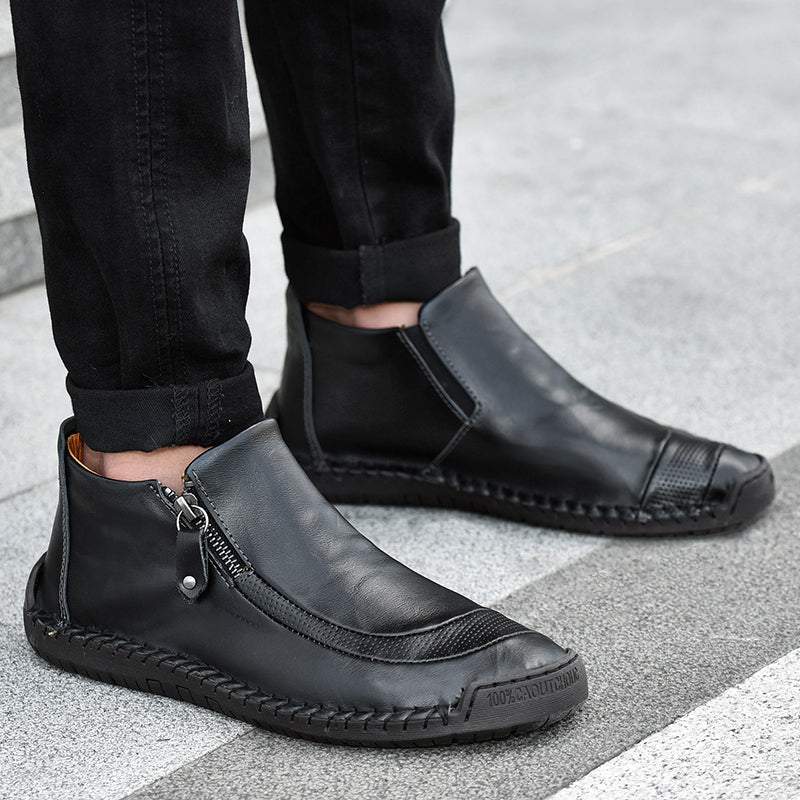 Men Leather Hand Stitching Side Zipper Comfy Soft Ankle Boots