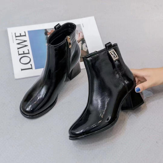 Fashion thick heel leather ankle boots