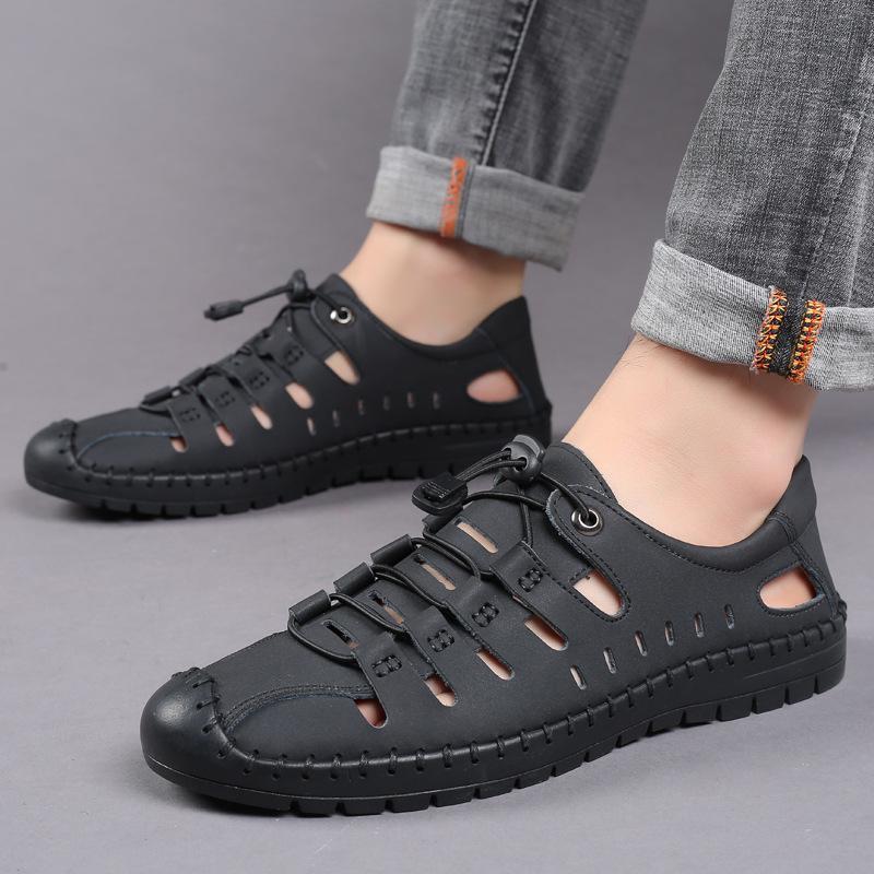 Handmade top layer cowhide perforated breathable sandals